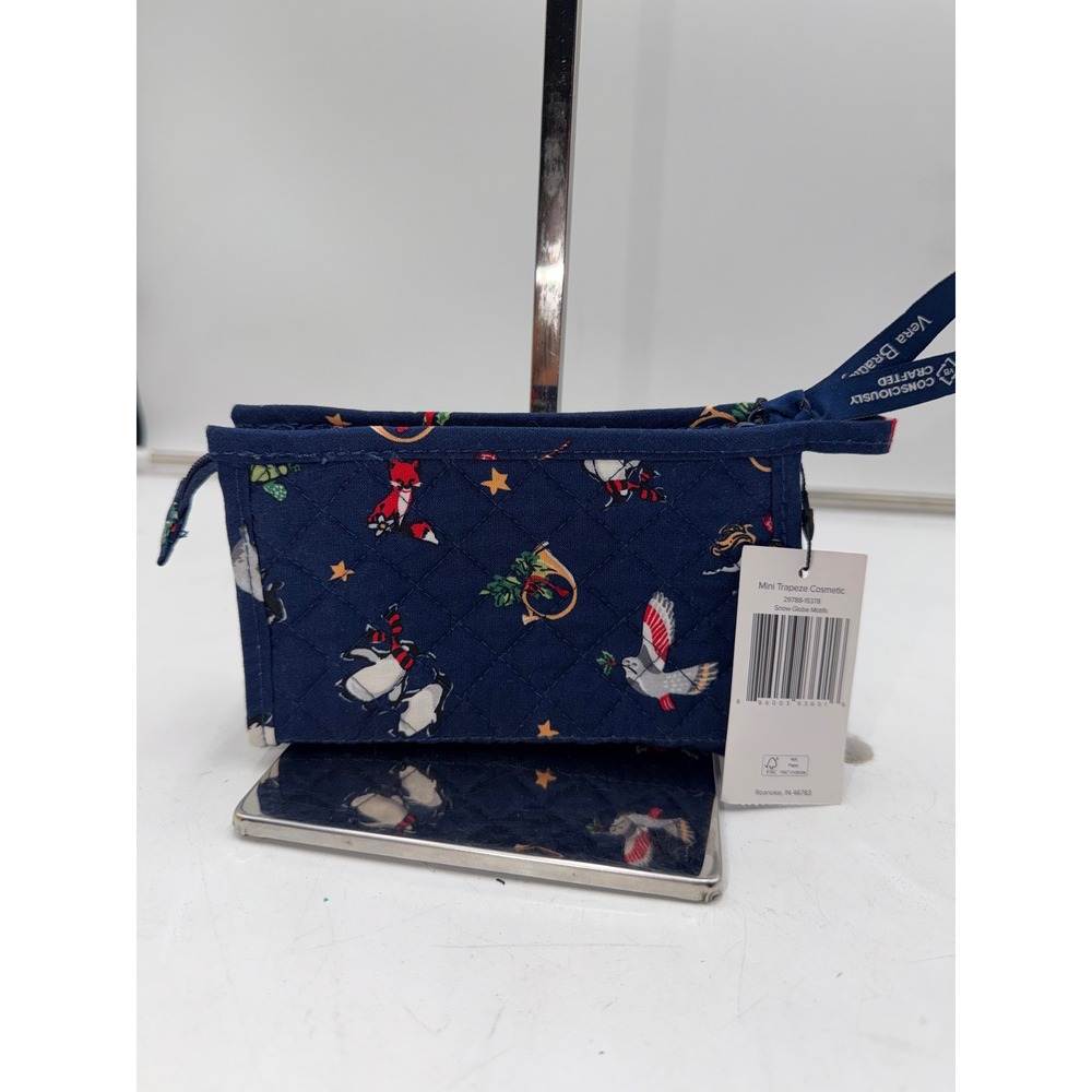 Vera Bradley Mini Trapeze Cosmetic Bag Snow Globe Motifs Quilted Navy Blue NEW